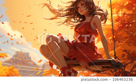 golden autumn woman riding a swing golden autumn woman riding a swing 106463236