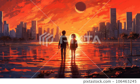 couple of lovers walk away in sunset city. 106463245