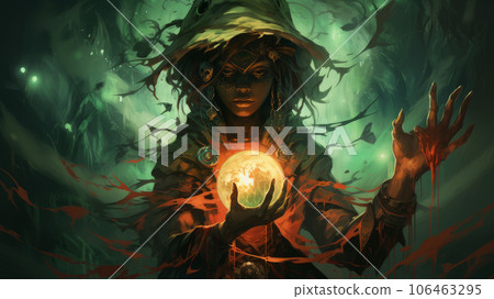 shaman woman in the forest performs a ritual 106463295