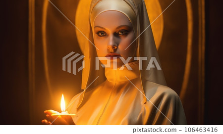 a nun in a golden robe. 106463416