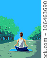 Back view of a woman doing yoga, pilates and meditation in an early summer park surrounded by blue sky, trees and grass. 106463690