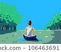Back view of a woman doing yoga, pilates and meditation in an early summer park surrounded by blue sky, trees and grass. 106463691