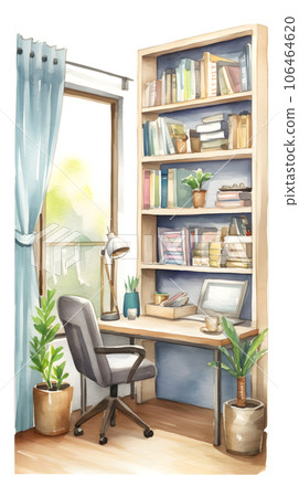 Interior perspective of a study with a calm atmosphere Watercolor illustration Generative AI 106464620