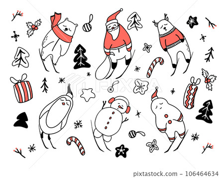 Collection of cute Christmas characters in doodle hand drawn style. 106464634