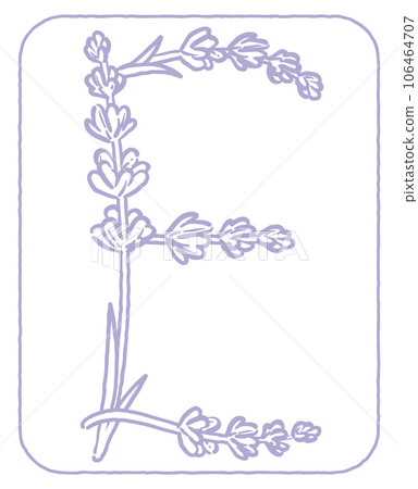 薰衣草花素描風格,設計字母。 “E”。矢量材料。 薰衣草花素描風格,設計字母。 “E”。矢量材料。 106464707