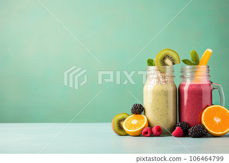 Healthy drinks mixed frappe fruit juices in glass bottle for freshness, Smoothie berry fruits beverage for summer seasoning. Healthy drinks mixed frappe fruit juices in glass bottle for freshness, Smoothie berry fruits beverage for summer seasoning. 106464799