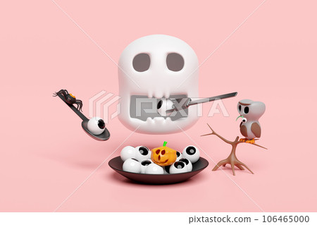 3d halloween day concept with skull eats eyeball, pumpkin head in plate, cute ghost owl perched on branch isolated on pink background. holiday party, 3d render illustration 106465000
