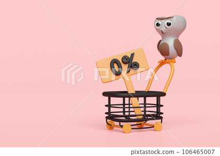 3d halloween day concept with cute owl perched on shopping carts, discount sign isolated on pink background. holiday party, 3d render illustration 106465007