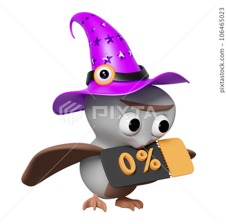 3d halloween day with flying cute owl wearing a witch hat holds a discount coupon isolated. marketing promotion bonuses concept, 3d render illustration 3d halloween day with flying cute owl wearing a witch hat holds a discount coupon isolated. marketing promotion bonuses concept, 3d render illustration 106465023
