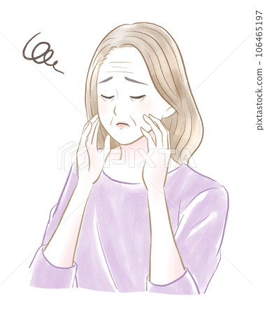 Brown-haired senior woman closing her eyes and touching her face to see many wrinkles Brown-haired senior woman closing her eyes and touching her face to see many wrinkles 106465197