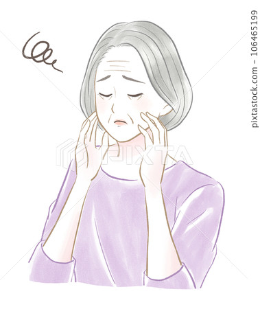 Gray-haired senior woman closing her eyes and touching her face to see many wrinkles Gray-haired senior woman closing her eyes and touching her face to see many wrinkles 106465199