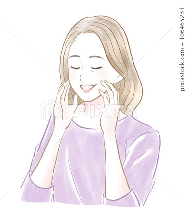 A beautiful senior woman with brown hair closes her eyes, touching her face and smiling A beautiful senior woman with brown hair closes her eyes, touching her face and smiling 106465231