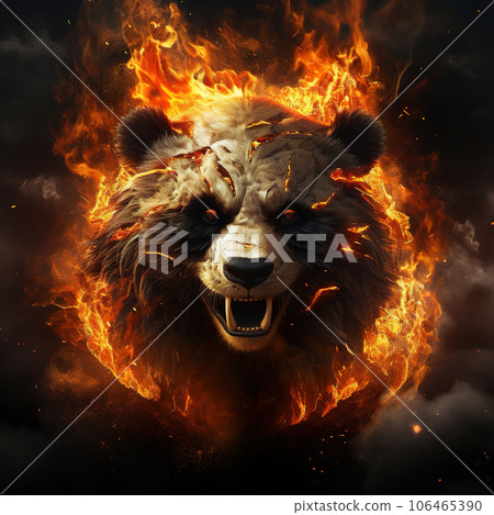 Image of angry panda face and flames on dark background. Wildlife Animals. Illustration, Generative AI. 106465390
