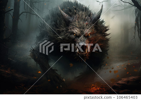 Image of a boar in the forest with a scary atmosphere, Wildlife Animals., Generative AI, Illustration. 106465403