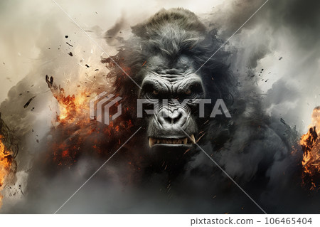 Image of ferocious eerie angry gorilla and there is smoke and fire, Wildlife Animals., Generative AI, Illustration. Image of ferocious eerie angry gorilla and there is smoke and fire, Wildlife Animals., Generative AI, Illustration. 106465404