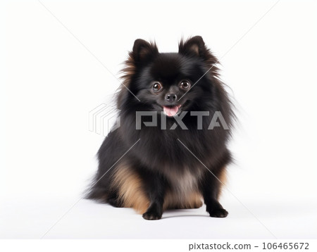 黑色博美犬的白色背景，伸出舌頭看著相機。黑棕褐色。人工智能一代 106465672