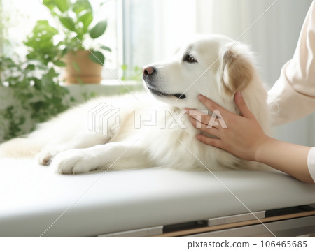 狗按摩，寵物按摩圖像。拉布拉多獵犬在沙龍里放鬆。人工智能一代 106465685