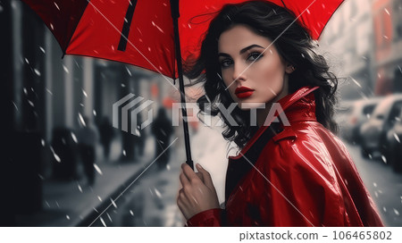 woman in red in the rain 106465802