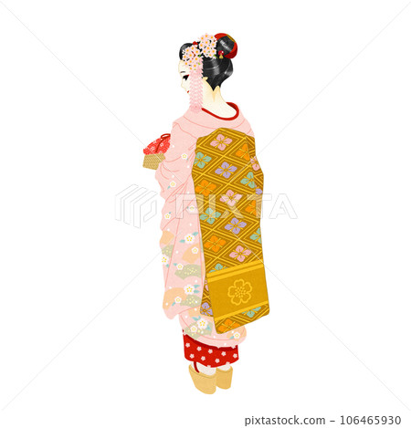 Maiko from behind wearing a cherry blossom hairpin Maiko from behind wearing a cherry blossom hairpin 106465930