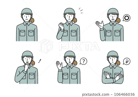 Set of women in work clothes wearing helmets, fist pose, guidance, raising hands, worried, troubled, raising hands Set of women in work clothes wearing helmets, fist pose, guidance, raising hands, worried, troubled, raising hands 106466036