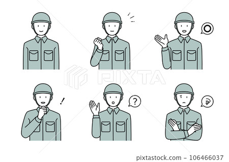 Set of men in work clothes wearing helmets, fist pose, guidance, raising hands, worried, troubled, raising hands Set of men in work clothes wearing helmets, fist pose, guidance, raising hands, worried, troubled, raising hands 106466037
