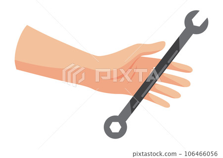Construction tool in hand, wrench or spanner. Repair and housework equipment in flat design, vector illustration. Master tool for building renovation Construction tool in hand, wrench or spanner. Repair and housework equipment in flat design, vector illustration. Master tool for building renovation 106466056