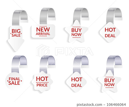 Promotional wobblers mockup set. Price tags hang on wall. Supermarket sale promotion pointing wobbler. Sale or discount label, special offer price tag Promotional wobblers mockup set. Price tags hang on wall. Supermarket sale promotion pointing wobbler. Sale or discount label, special offer price tag 106466064
