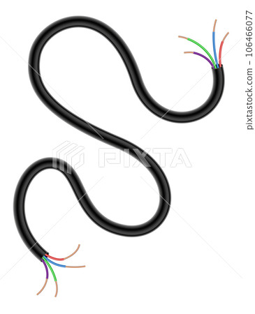 Broken electrical copper wire or cord. Damaged electric power cable. Torn wire with bare wire. Danger electric problem. Color electricity cable. Vector illustration isolated on white background 106466077