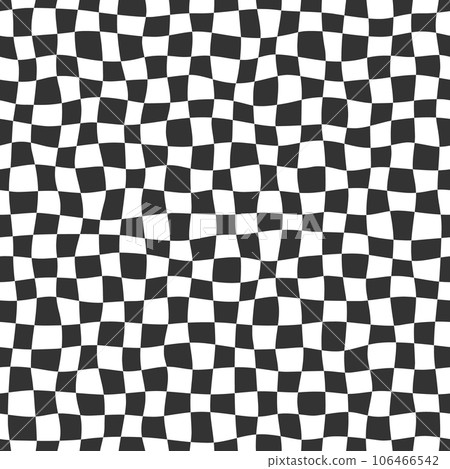 Groovy psychedelic wavy chessboard seamless pattern. Hippie twisted gingham checkerboard background. Checker retro psychedelic seamless texture. Vector illustration isolated on white background 106466542