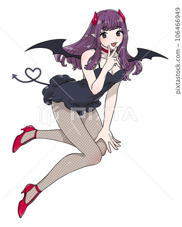 一個長著角、翅膀、尾巴的性感惡魔般的小女人。 一個長著角、翅膀、尾巴的性感惡魔般的小女人。 106466949