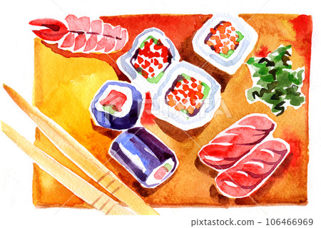 Watercolor sushi and roll with chopsticks on white background. Watercolor sushi and roll with chopsticks on white background. 106466969