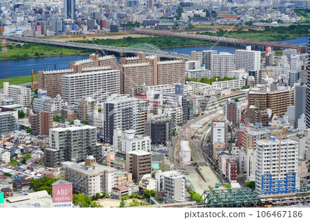 Osaka Umeda Osaka Higashi Line construction work and Yodogawa seen from Umeda Sky Building (northeast direction, summer) 106467186