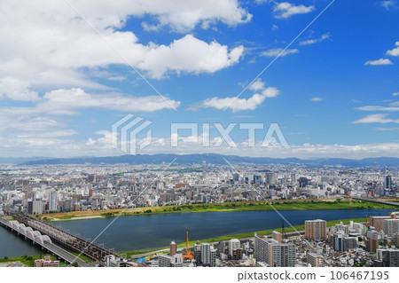Osaka Umeda Scenery between Juso Bridge and Shinyodogawa Bridge seen from Umeda Sky Building (north direction, summer) 106467195