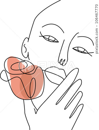 Hand drawn one line woman portrait with rose flower. Hand drawn one line woman portrait with rose flower. 106467770
