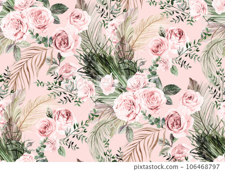 Seamless watercolor pattern with flowers of delicate roses and dry branches and leaves Seamless watercolor pattern with flowers of delicate roses and dry branches and leaves 106468797