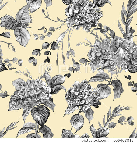 Summer watercolor seamless pattern with black and white hydrangeas on a beige background Summer watercolor seamless pattern with black and white hydrangeas on a beige background 106468813