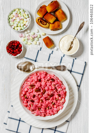 cranberry creamy salad with marshmallows, top view cranberry creamy salad with marshmallows, top view 106468822