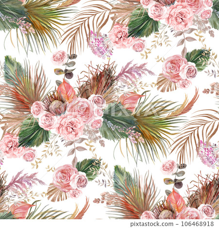 seamless pattern in boho style with dried flowers of palm leaves and delicate rose flowers on white background seamless pattern in boho style with dried flowers of palm leaves and delicate rose flowers on white background 106468918