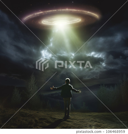 A man looks at a UFO in the sky. The man stretched out his hands and looks at the flying alien ship. 106468959