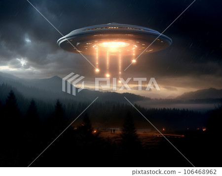 UFO flies over the night village. Alien flying saucer. UFO flies over the night village. Alien flying saucer. 106468962