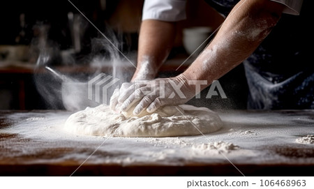 Male hands knead the dough on a wooden table in the kitchen Male hands knead the dough on a wooden table in the kitchen 106468963