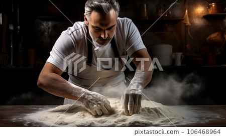 Chef kneading dough on a wooden table in the kitchen. Chef kneading dough on a wooden table in the kitchen. 106468964