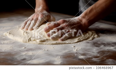 Male hands kneading dough on a wooden table in a bakery Male hands kneading dough on a wooden table in a bakery 106468967