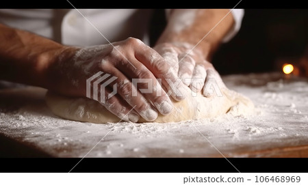 Male hands in flour prepare the dough close-up. The chef prepares dough with flour for making pasta. Male hands in flour prepare the dough close-up. The chef prepares dough with flour for making pasta. 106468969