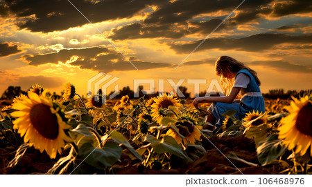 Little girl in a field of sunflowers at sunset in summer. Little girl in a field of sunflowers at sunset in summer. 106468976