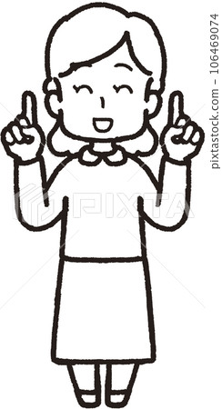 Full body line drawing illustration of a woman smiling with one finger on both hands Full body line drawing illustration of a woman smiling with one finger on both hands 106469074