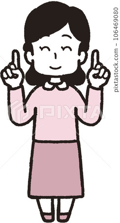Full body illustration of a woman smiling with one finger on both hands 106469080