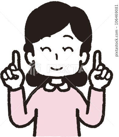 Upper body illustration of a woman laughing with one finger on both hands Upper body illustration of a woman laughing with one finger on both hands 106469081