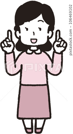 Full body illustration of a woman smiling with one finger on both hands 106469102