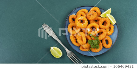 Deep fried squid rings, space for text. 106469451